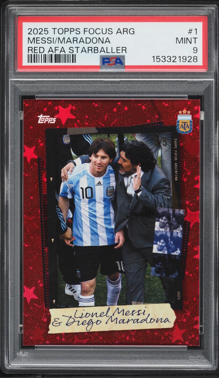 2025 Topps Focus Argentina Red AFA Starballer Lionel Messi Diego Maradona 5/5 #1 PSA 9 MINT