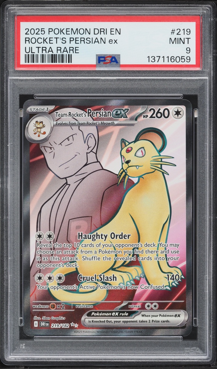 2025 Pokemon Scarlet & Violet Destined Rivals Full Art Team Rocket's Persian Ex #219 PSA 9 MINT