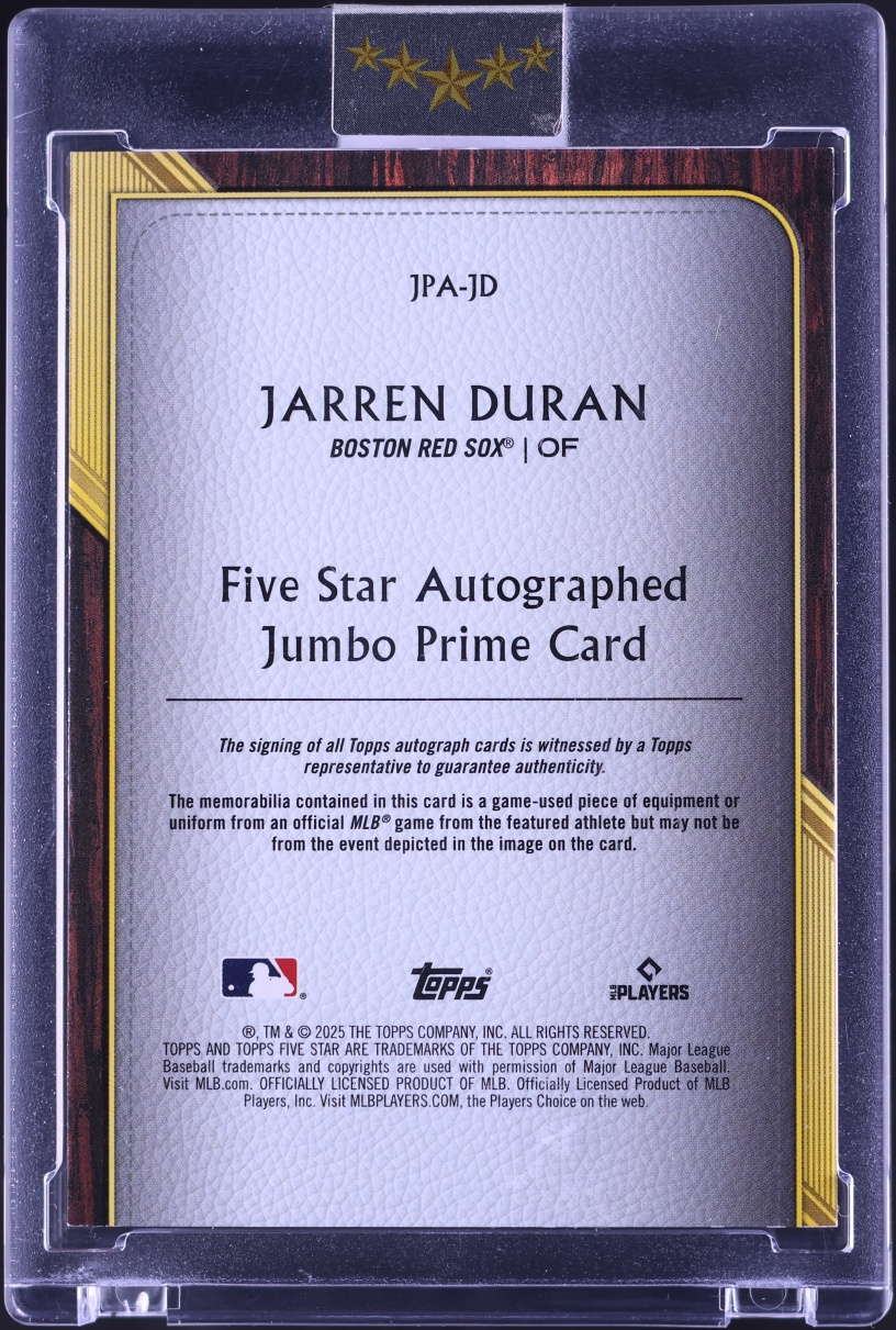 2025 Topps Five Star Jumbo Prime Team Jarren Duran PATCH AUTO 1/1 #JPA-JD
