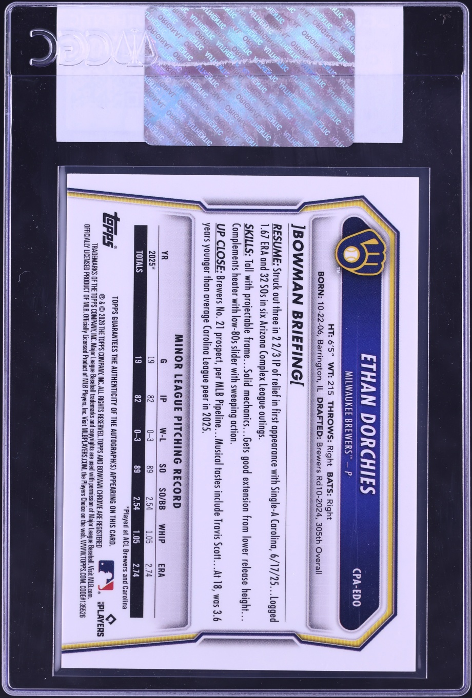 2026 Bowman Chrome Ethan Dorchies PROSPECT AUTO #CPA-EDO CGC AUTH