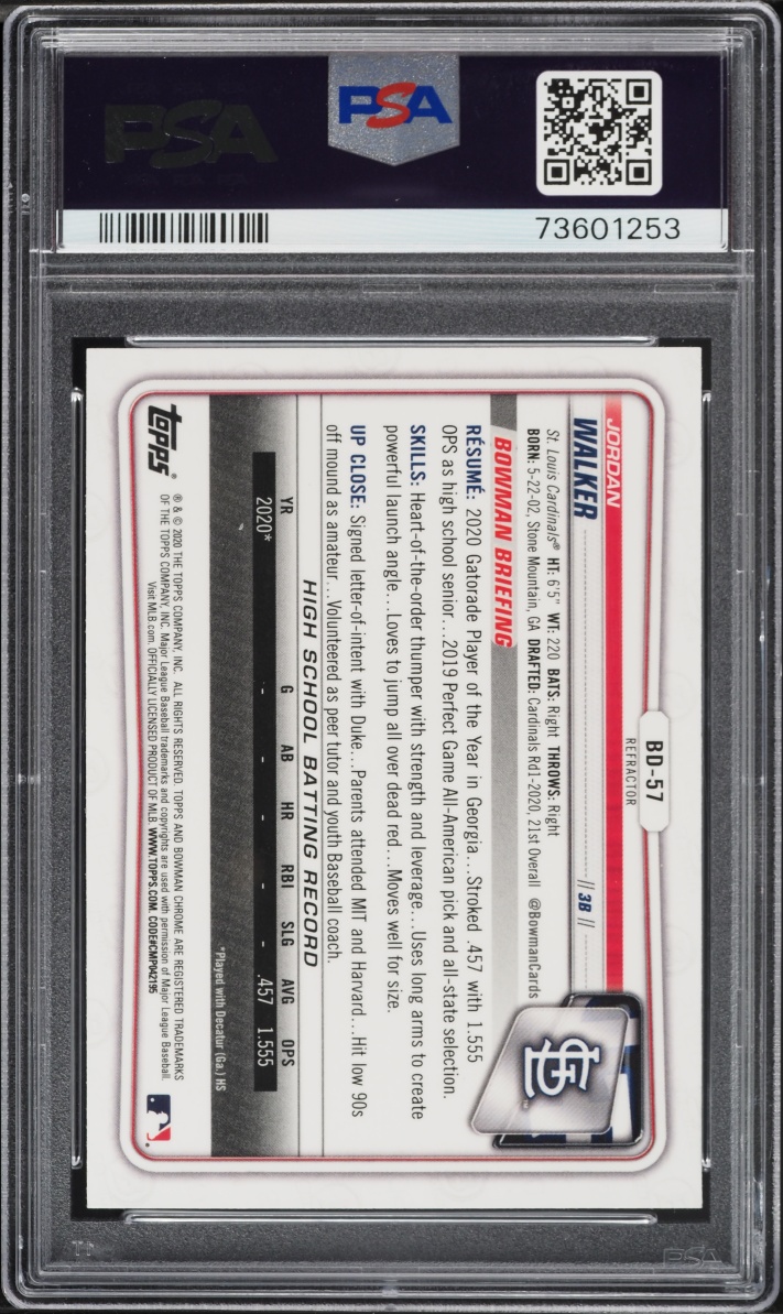 2020 Bowman Chrome Draft Refractor Jordan Walker PROSPECT #BD-57 PSA 10 GEM MINT