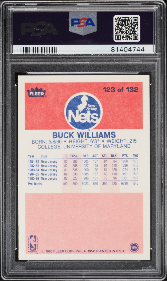 1986 Fleer Basketball Buck Williams #123 PSA 9 MINT