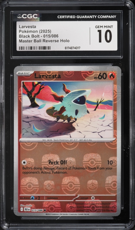 2025 Pokemon Black Bolt Master Ball Reverse Holo Larvesta #015 CGC 10 GEM MINT