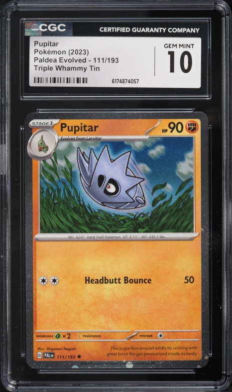 2023 Pokemon Scarlet & Violet Paldea Evolved Triple Whammy Tin Pupitar #111 CGC 10 GEM MINT
