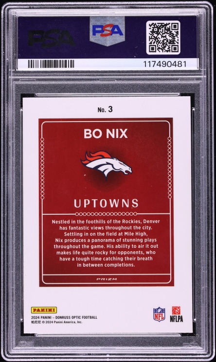 2024 Donruss Optic Uptowns Prizm Bo Nix ROOKIE #3 PSA 10 GEM MINT