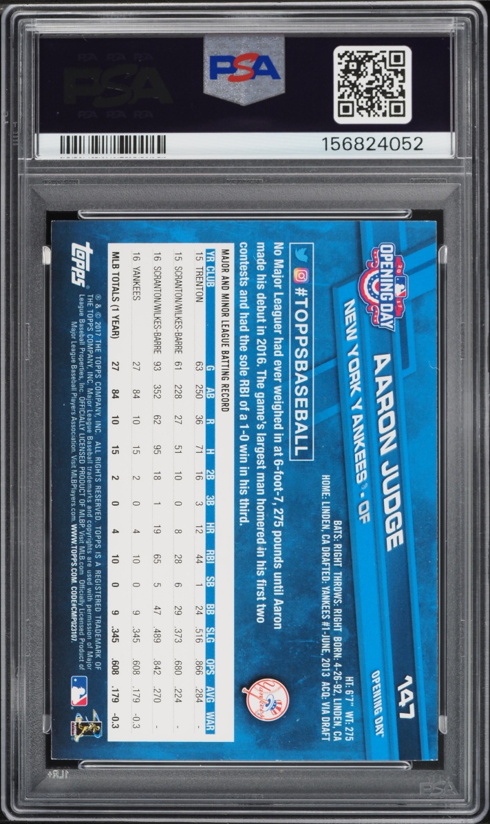 2017 Topps Opening Day Fielding Aaron Judge ROOKIE #147 PSA 8 NM-MT