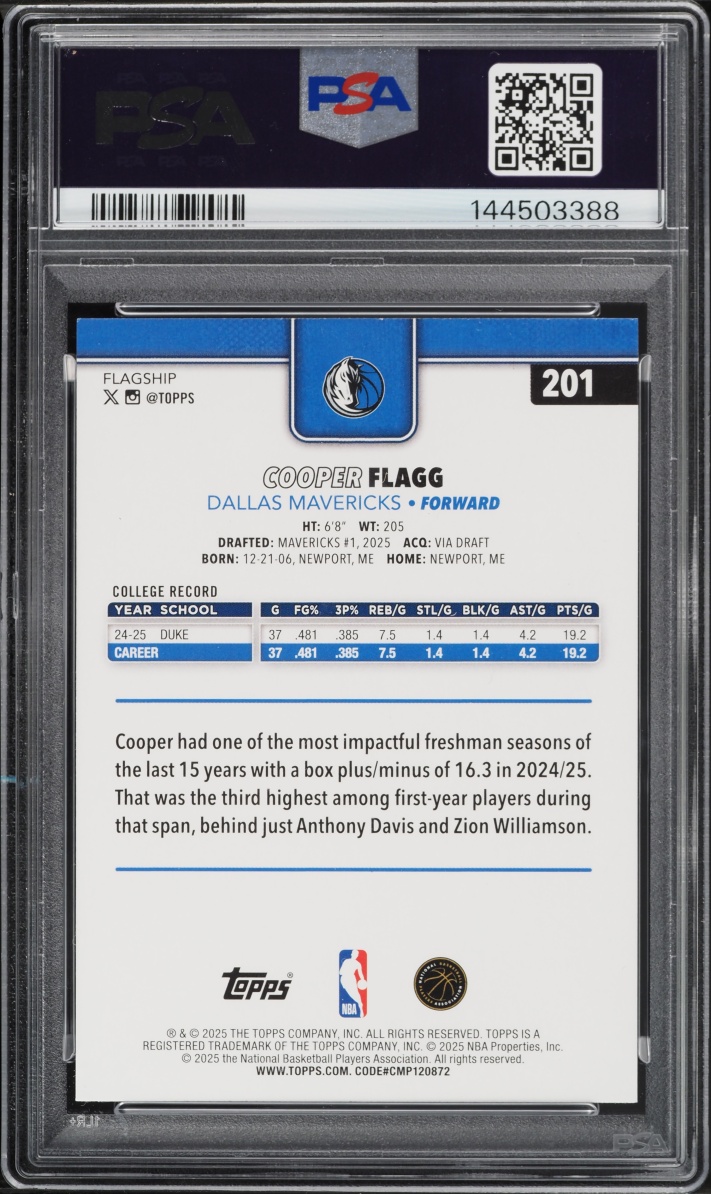 2025 Topps Basketball Cooper Flagg ROOKIE #201 PSA 9 MINT