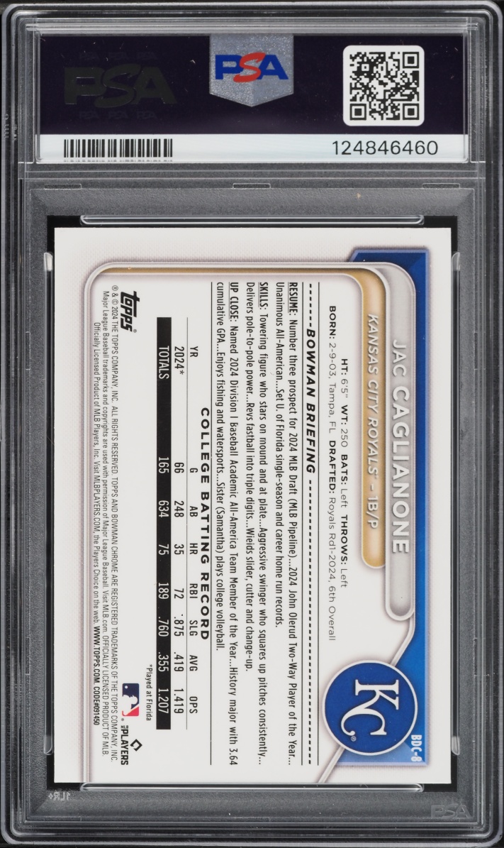 2024 Bowman Chrome Draft Jac Caglianone PROSPECT #BDC-8 PSA 8 NM-MT