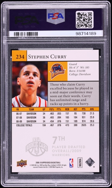 2009 Upper Deck Basketball Stephen Curry ROOKIE #234 PSA 9 MINT