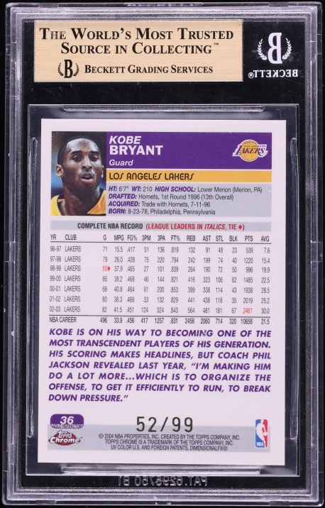 2003 Topps Chrome Gold Refractor Kobe Bryant /99 #36 BGS 9.5 GEM MINT