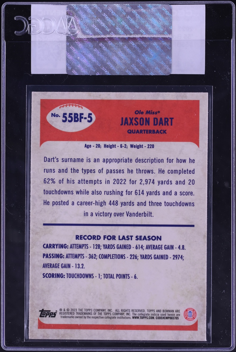 2023 Bowman Chrome University '55 Football Jaxson Dart #55BF-5 CGC AUTH