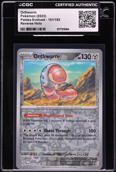 2023 Pokemon Scarlet & Violet Paldea Evolved Reverse Holo Orthworm #151 CGC AUTH