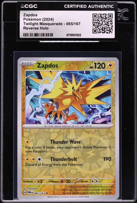 2024 Pokemon Scarlet & Violet Twilight Masquerade Reverse Holo Zapdos #65 CGC AUTH