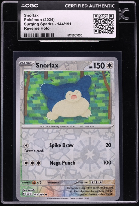 2024 Pokemon Scarlet & Violet Surging Sparks Reverse Holo Snorlax #144 CGC AUTH