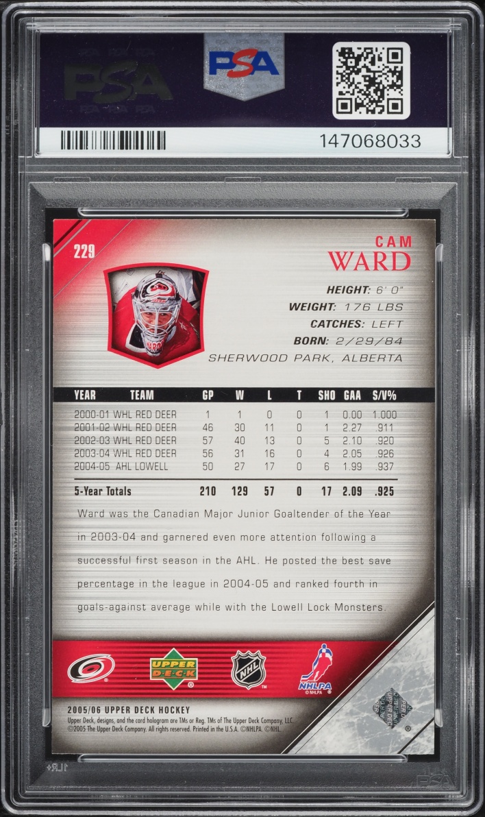 2005 Upper Deck Cam Ward ROOKIE #229 PSA 10 GEM MINT