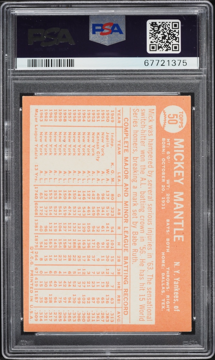 1964 Topps Mickey Mantle #50 PSA 6 EXMT