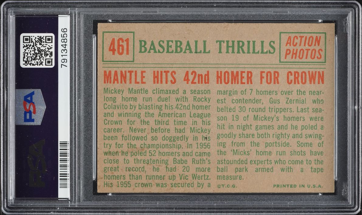 1959 Topps Mickey Mantle HITS 42ND HOMER FOR CROWN #461 PSA 5 EX