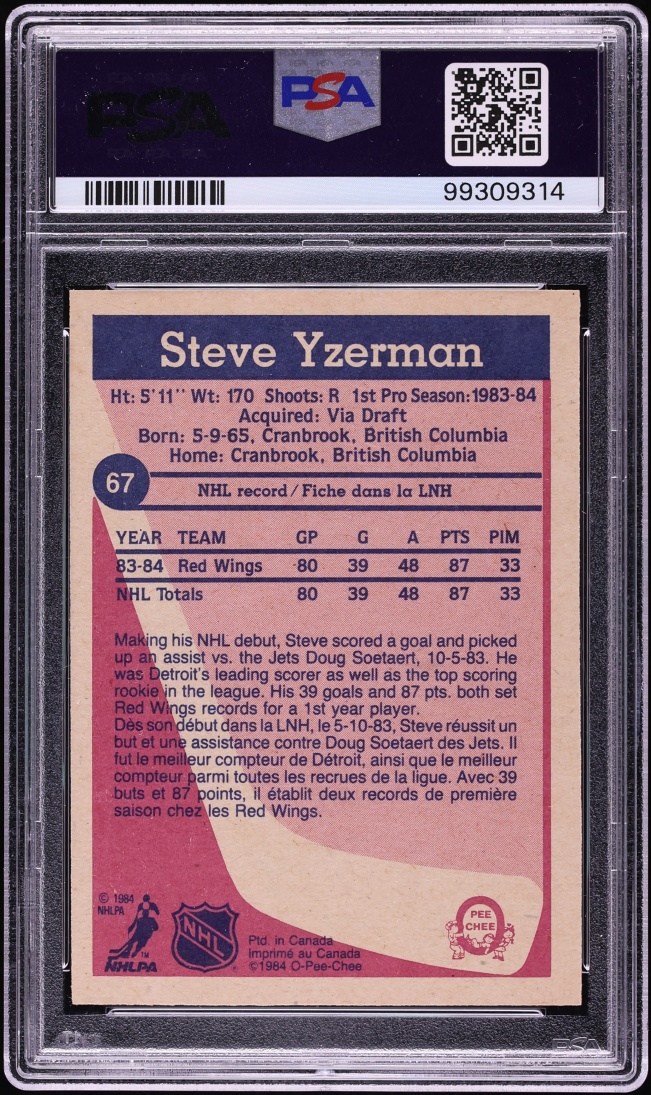 1984 O-Pee-Chee Hockey Steve Yzerman ROOKIE #67 PSA 8 NM-MT