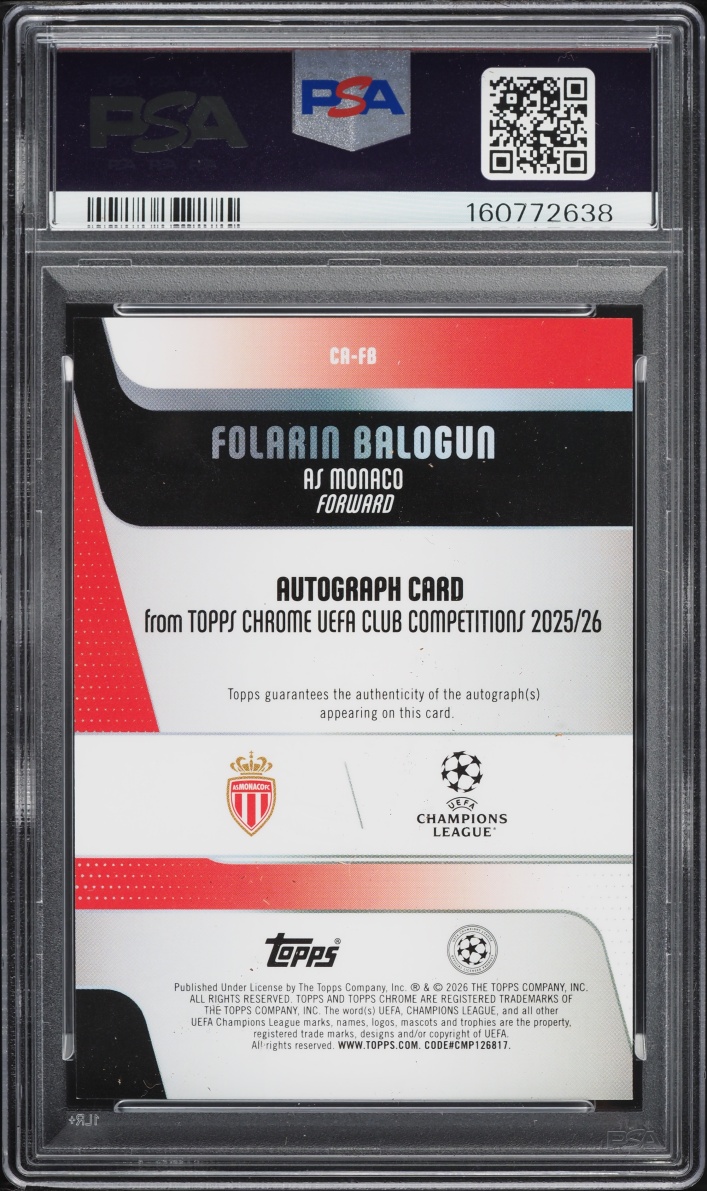 2025 Topps Chrome UEFA Club Competitions Blue Lava Folarin Balogun AUTO /150 #CA-FB PSA 9 MINT