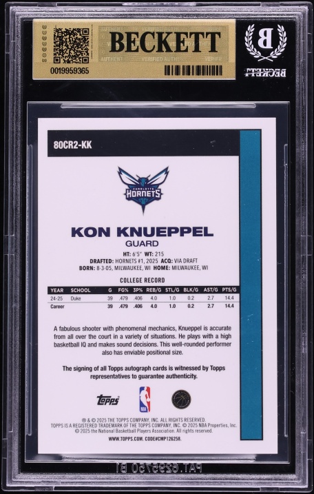 2025 Topps Chrome '80 Orange Mojo Refractor Kon Knueppel ROOKIE AUTO /25 #80CR2-KK BGS 9.5 GEM