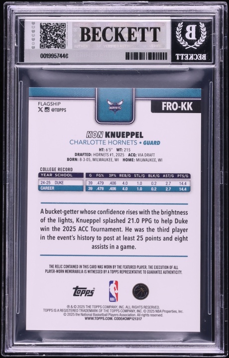2025 Topps Flagship Real One Black Rainbow Kon Knueppel ROOKIE PATCH 10/10 #FRO-KK BGS 8 NM-MT