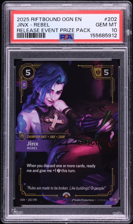 2025 Riftbound League Of Legends Origins Release Event Prize Pack Jinx Rebel #202 PSA 10 GEM