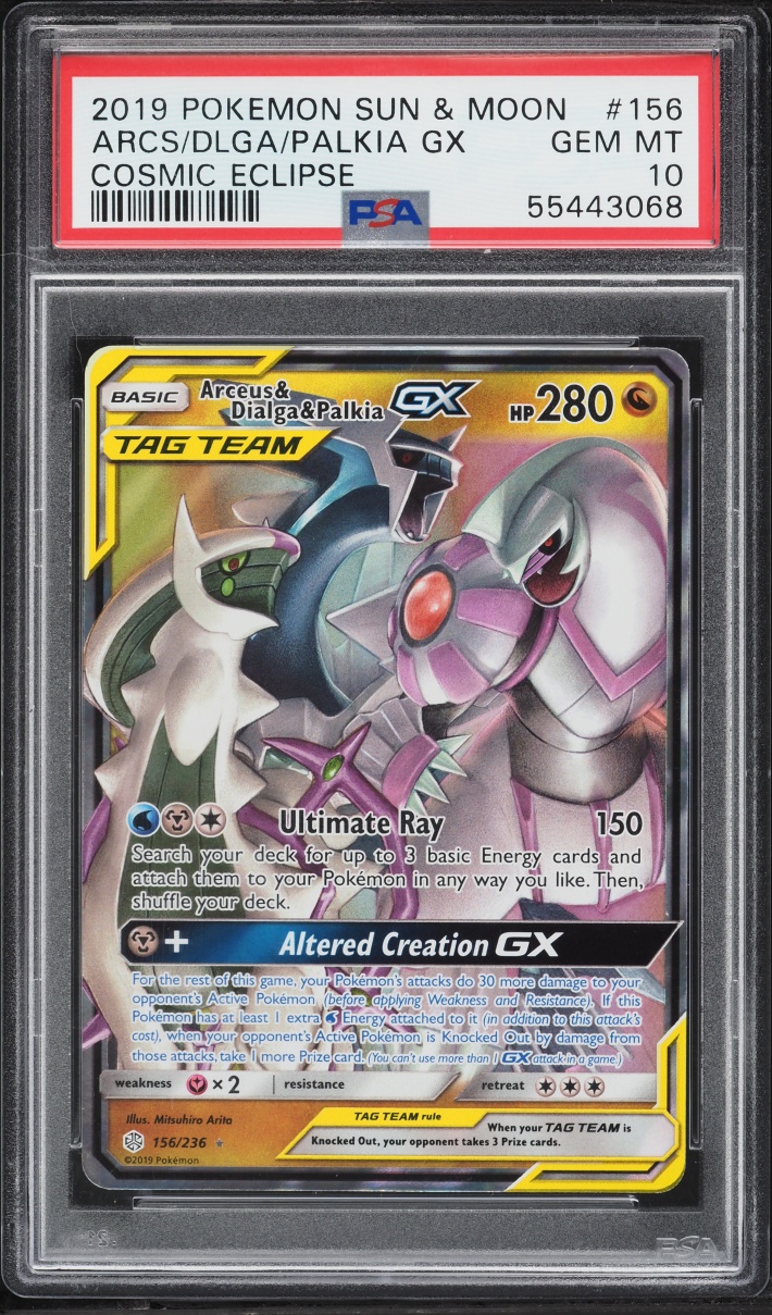 2019 Pokemon Sun & Moon Cosmic Eclipse Holo Arceus & Dialga & Palkia GX #156 PSA 10 GEM MINT