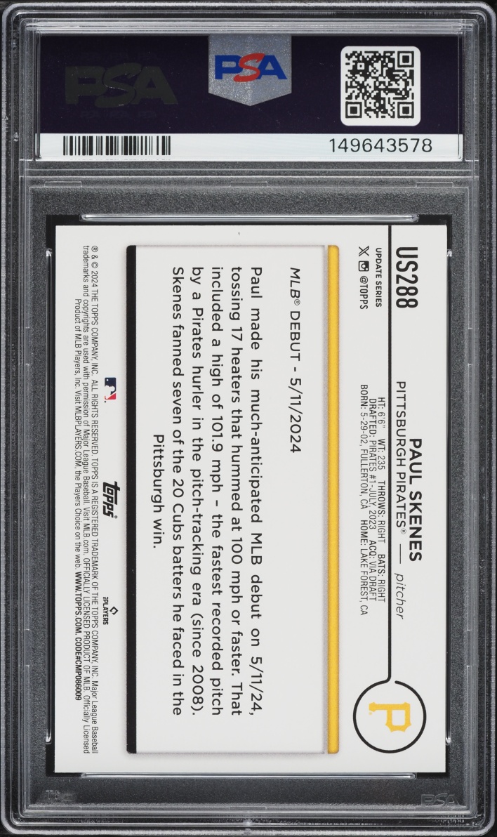 2024 Topps Update Paul Skenes ROOKIE #US288 PSA 8 NM-MT