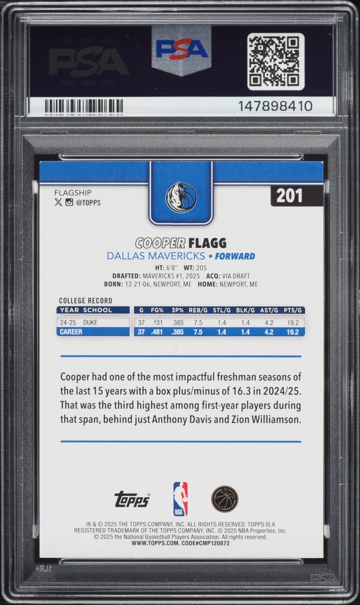 2025 Topps Basketball Cooper Flagg ROOKIE #201 PSA 9 MINT