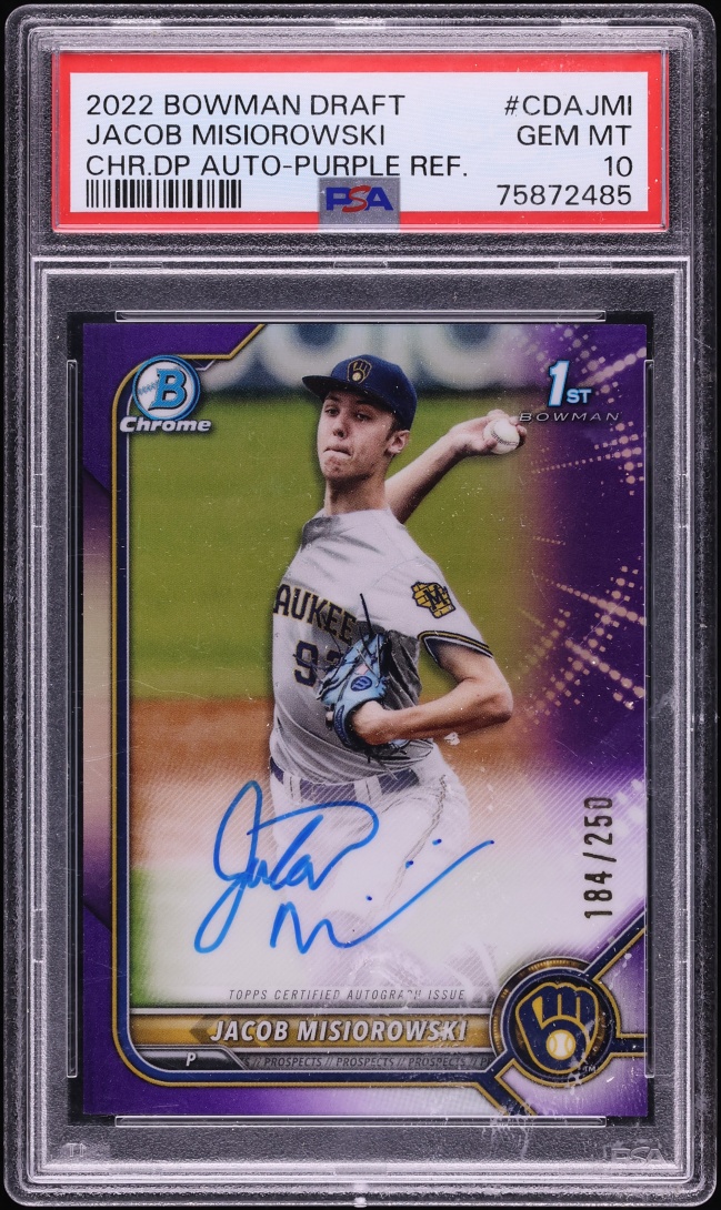 2022 Bowman Chrome Purple Refractor Jacob Misiorowski PROSPECT AUTO /250 #CDA-JMI PSA 10 GEM