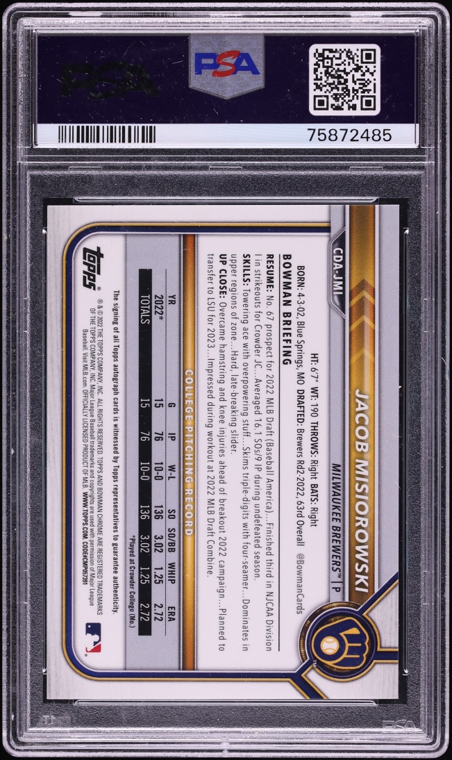 2022 Bowman Chrome Purple Refractor Jacob Misiorowski PROSPECT AUTO /250 #CDA-JMI PSA 10 GEM