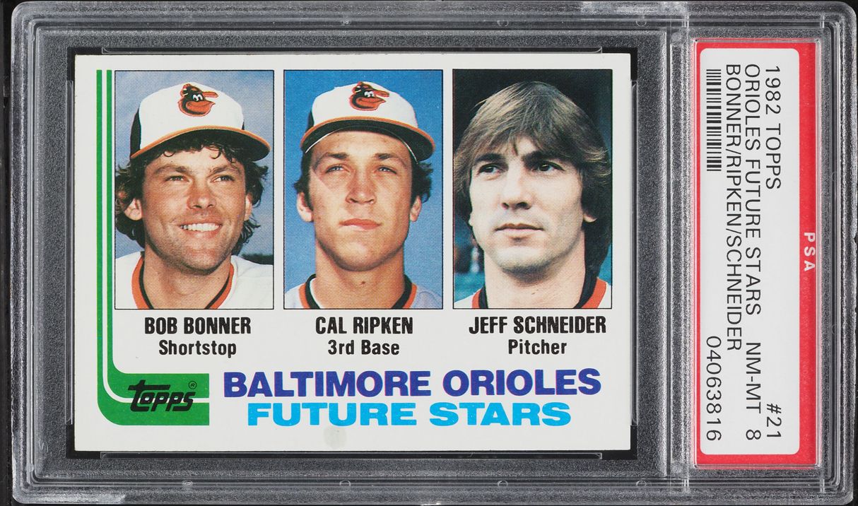 1982 Topps Orioles Future Stars Bob Bonner Jeff Schneider Cal Ripken Jr. ROOKIE #21 PSA 8 NM-MT