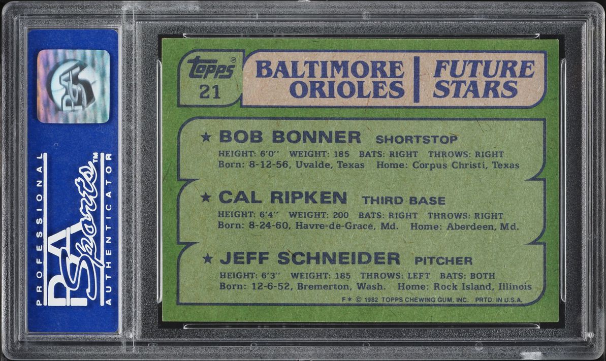 1982 Topps Orioles Future Stars Bob Bonner Jeff Schneider Cal Ripken Jr. ROOKIE #21 PSA 8 NM-MT