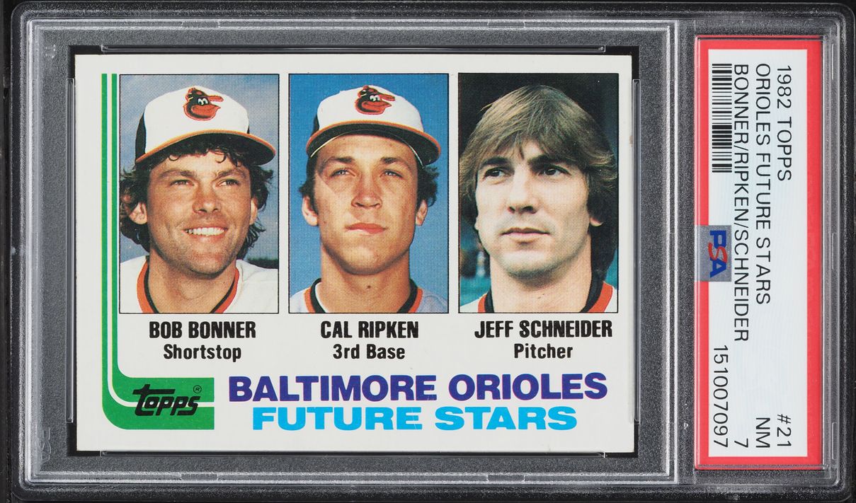 1982 Topps Orioles Future Stars Bob Bonner Jeff Schneider Cal Ripken Jr. ROOKIE #21 PSA 7 NRMT