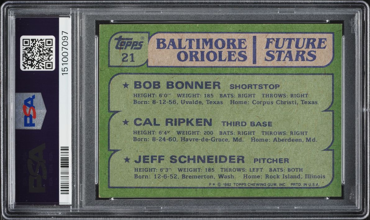 1982 Topps Orioles Future Stars Bob Bonner Jeff Schneider Cal Ripken Jr. ROOKIE #21 PSA 7 NRMT