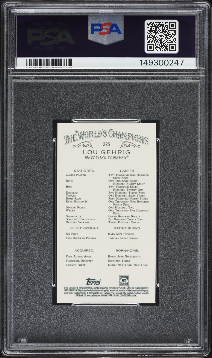 2018 Topps Allen & Ginter Mini Lou Gehrig #225 PSA 10 GEM MINT