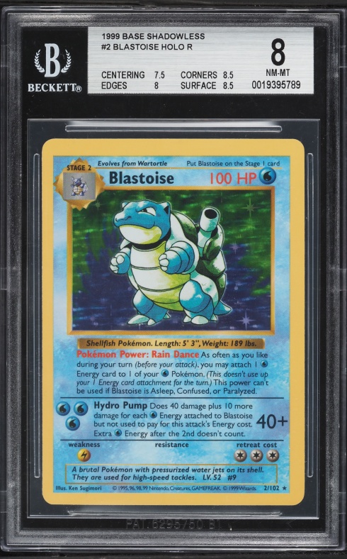 holographic pokémon cards 1999 Pokemon Base Set Shadowless 1st Ed Thick Stamp Holo Blastoise #2 BGS 7.5 on Fanatics Collect At any time during your turn (before attack) you may K 1999 Pokémon 1st Edition Base
