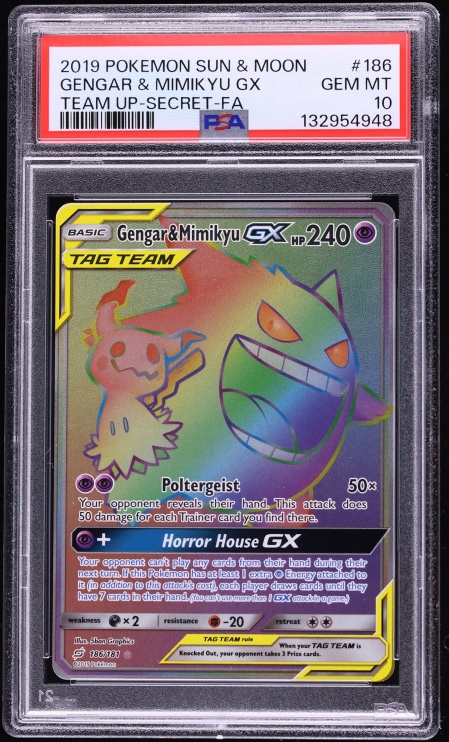 2019 Pokemon Sun & Moon Team Up Rainbow Rare Gengar & Mimikyu GX #186 PSA 10 GEM MINT