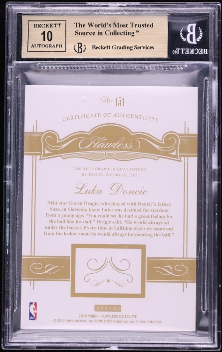 2018 Panini Flawless Collegiate Gold Luka Doncic ROOKIE AUTO /10 BGS 9.5 GEM MINT