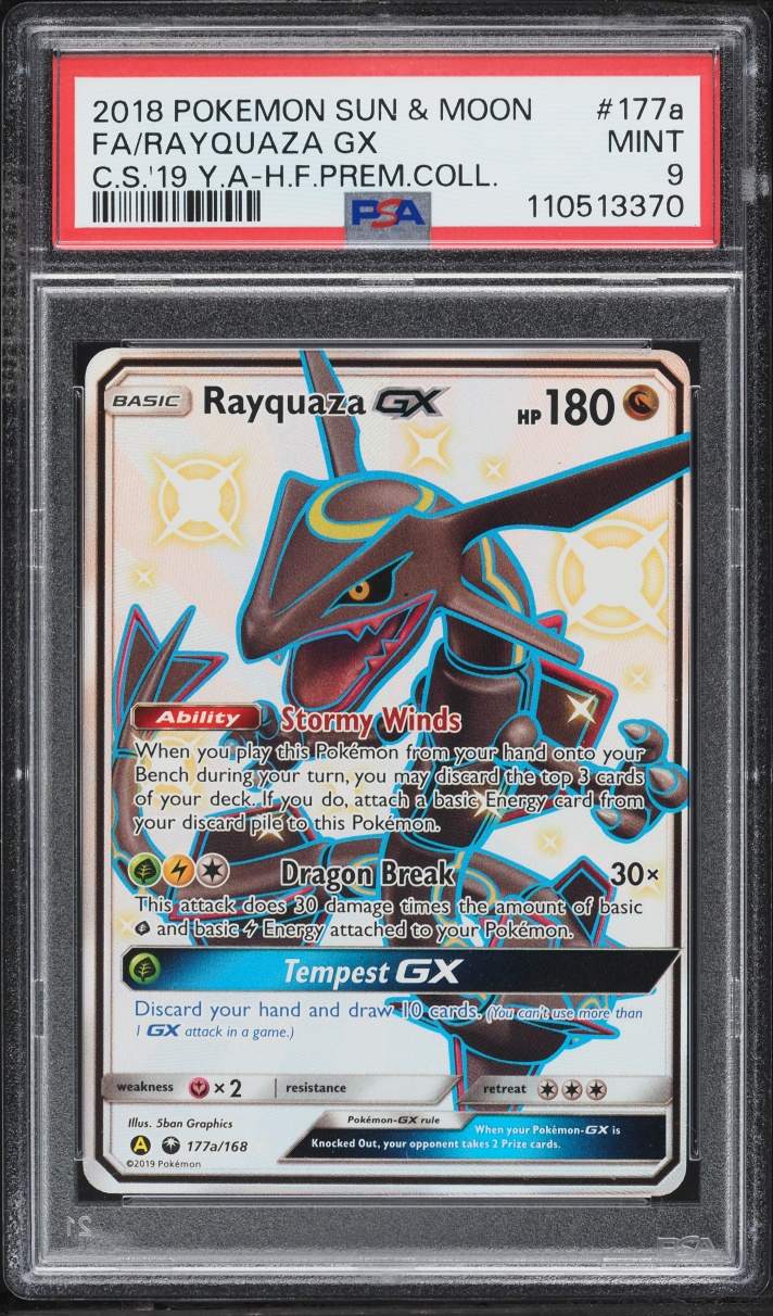 2019 Pokemon Sun & Moon Hidden Fates Ultra Premium Full Art Shiny Rayquaza GX #177a PSA 9 MINT