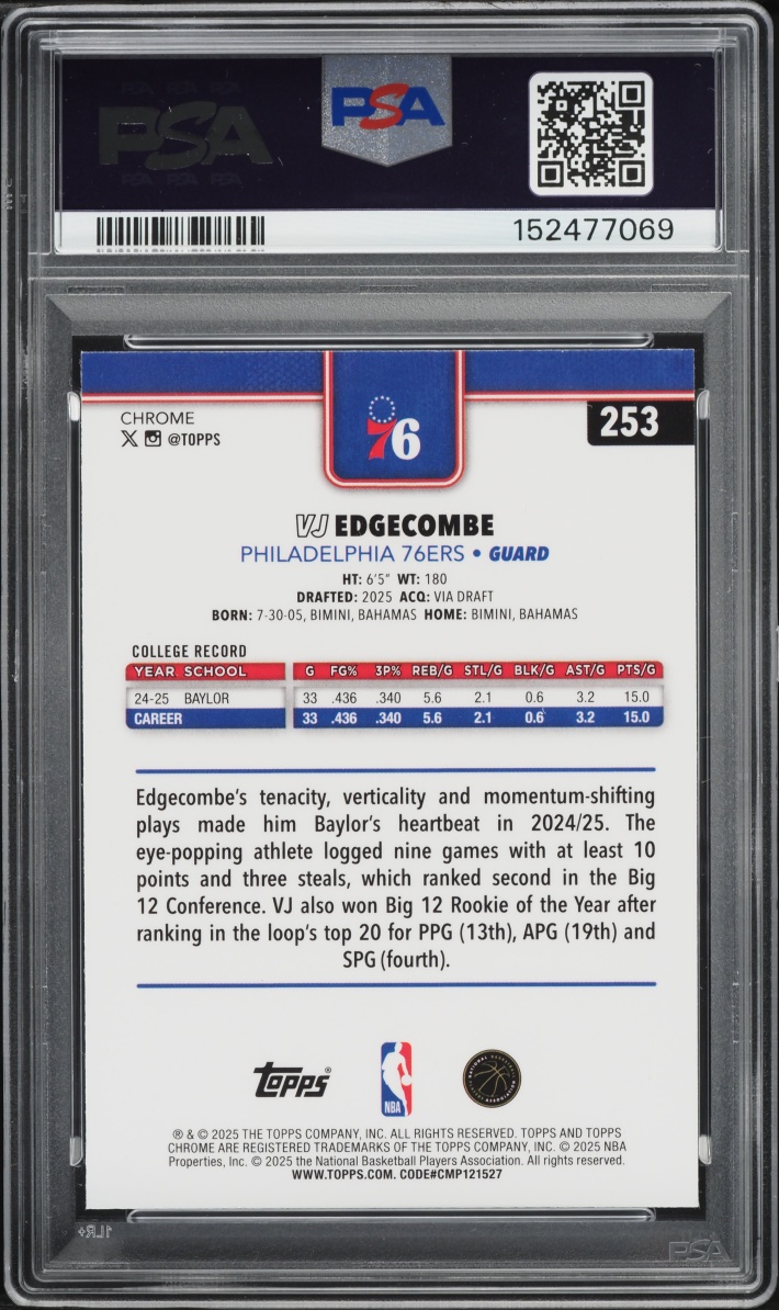 2025 Topps Chrome VJ Edgecombe ROOKIE #253 PSA 10 GEM MINT