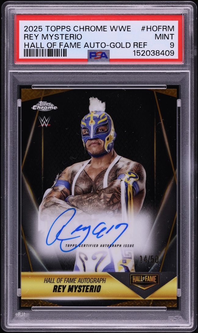 2025 Topps Chrome WWE Hall Of Fame Gold Refractor Rey Mysterio AUTO /50 #HOF-RM PSA 9 MINT