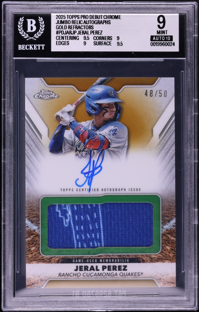 2025 Topps Chrome Pro Debut Jumbo Gold Ref. Jeral Perez PROSPECT PATCH AUTO /50 #PDJAR-JP BGS 9