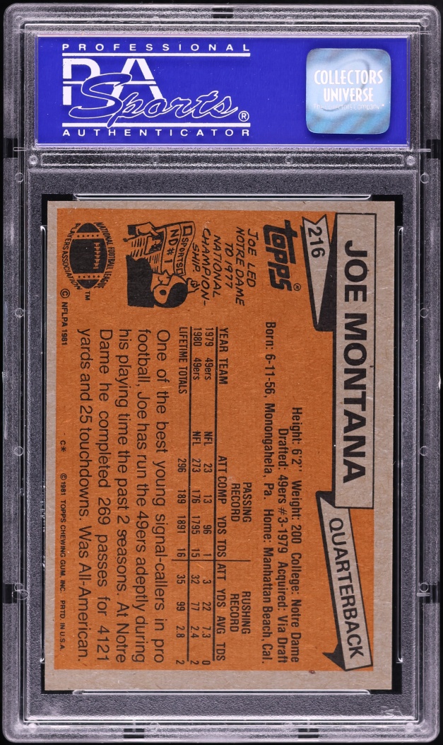 1981 Topps Football Joe Montana ROOKIE #216 PSA 8 NM-MT