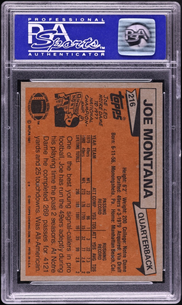 1981 Topps Football Joe Montana ROOKIE #216 PSA 8 NM-MT