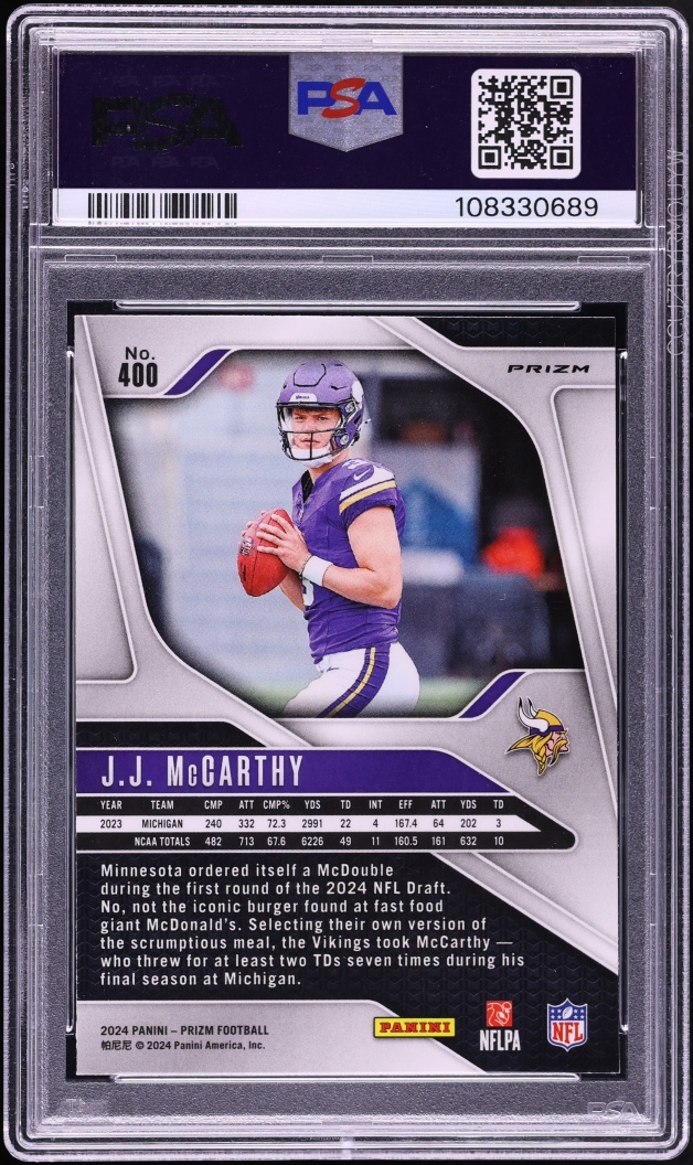 2024 Panini Prizm Silver J.J. McCarthy ROOKIE #400 PSA 10 GEM MINT