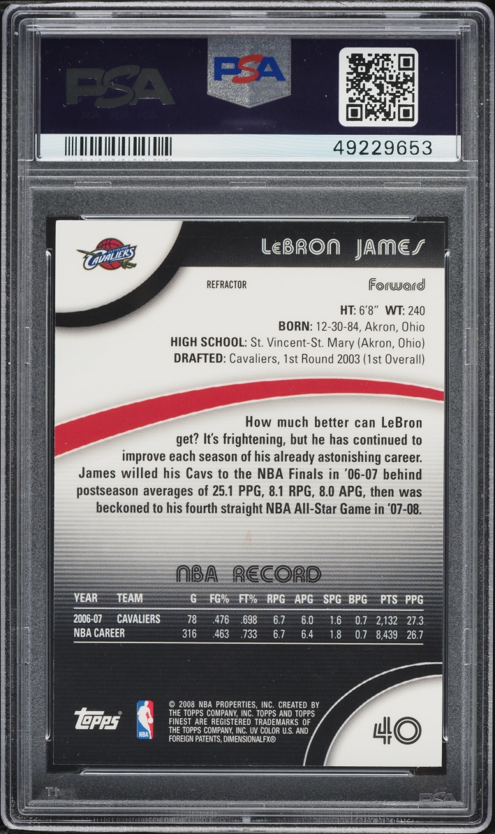 2007 Finest Refractor LeBron James #40 PSA 9 MINT
