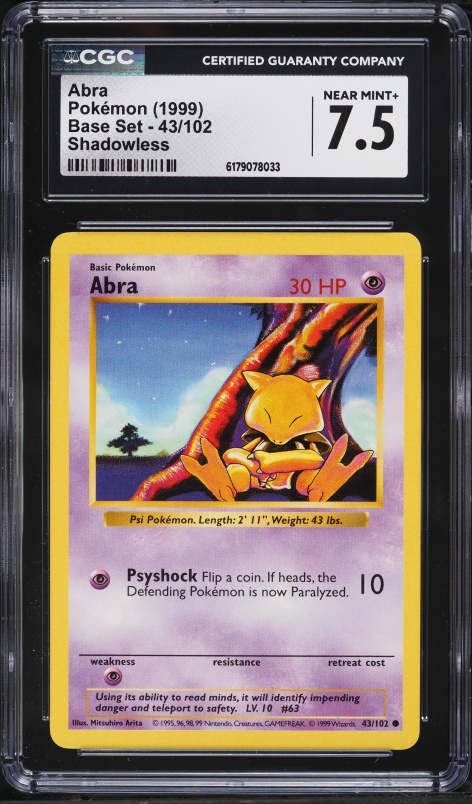 1999 Pokemon Base Set Shadowless Abra #43 CGC 7.5 NRMT+
