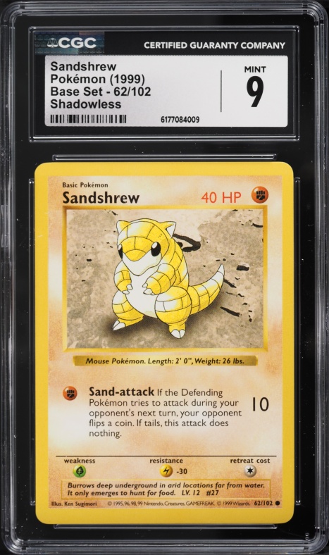 1999 Pokemon Base Set Shadowless Sandshrew #62 CGC 9 MINT