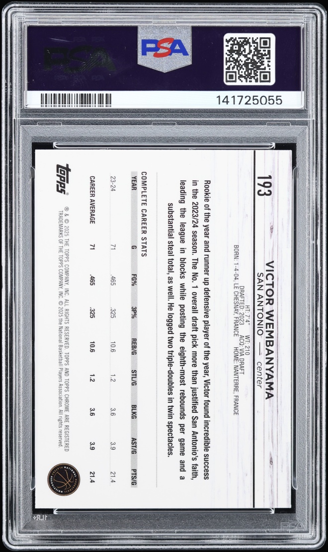 2024 Topps Chrome Sapphire Edition Green Victor Wembanyama /99 #193 PSA 10 GEM MINT